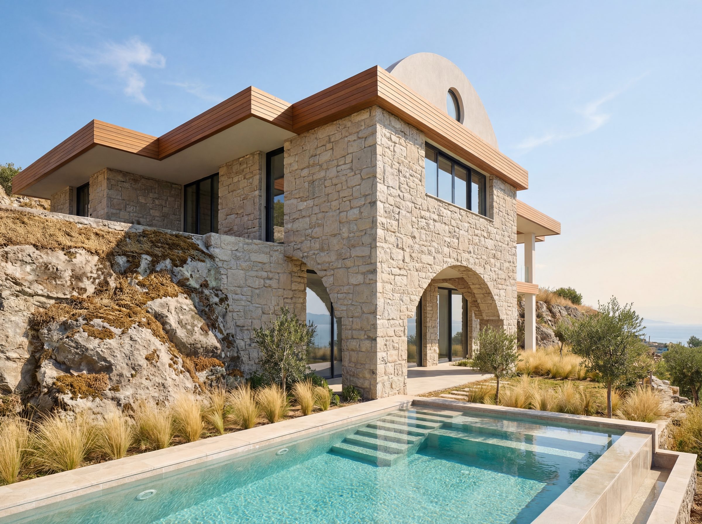 Bodrum luxury villa stone exterior, Turkey, built by Doty Construction with Artu Architecture