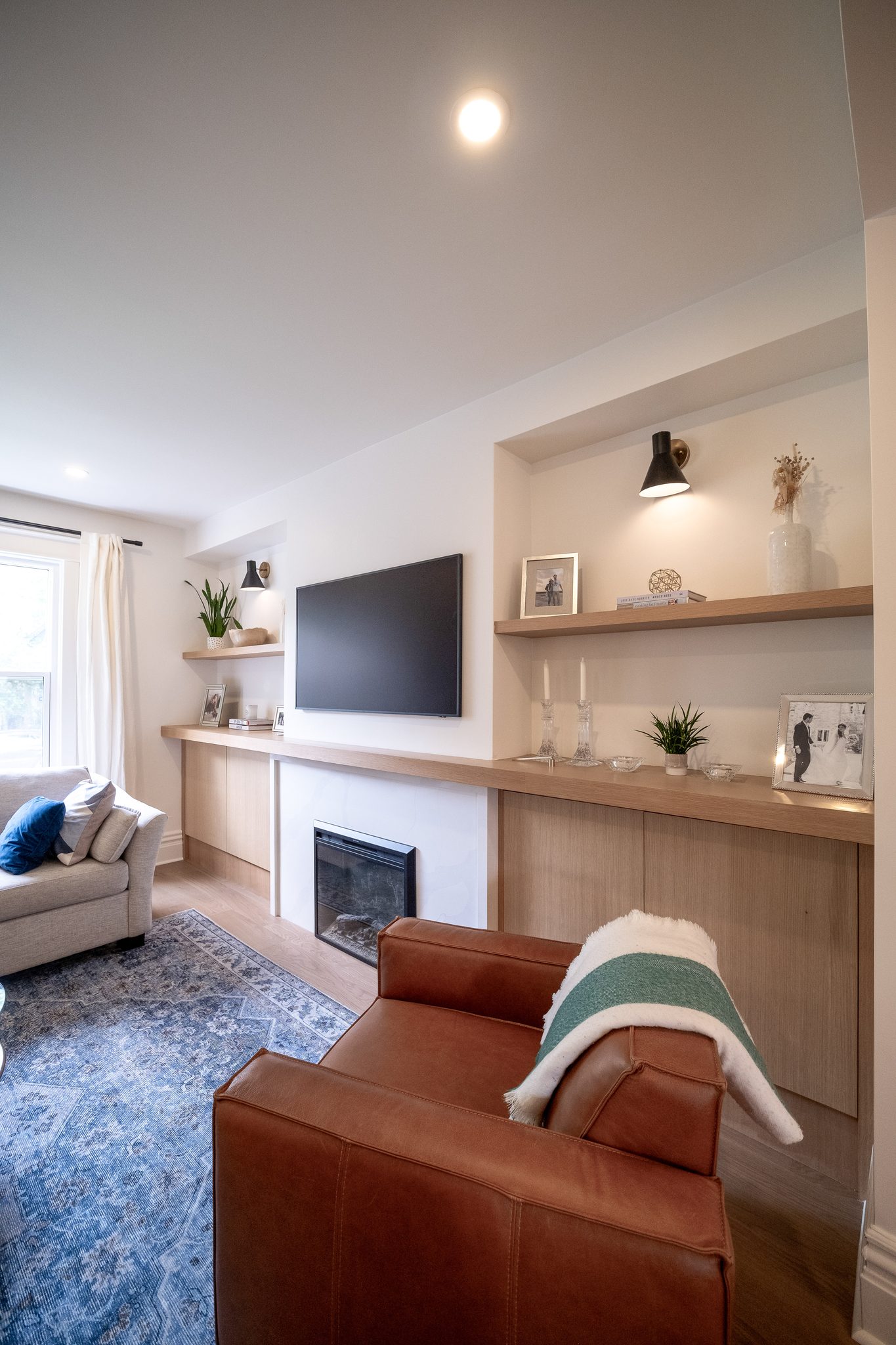 Living room fireplace wall, High Park renovation, Toronto
