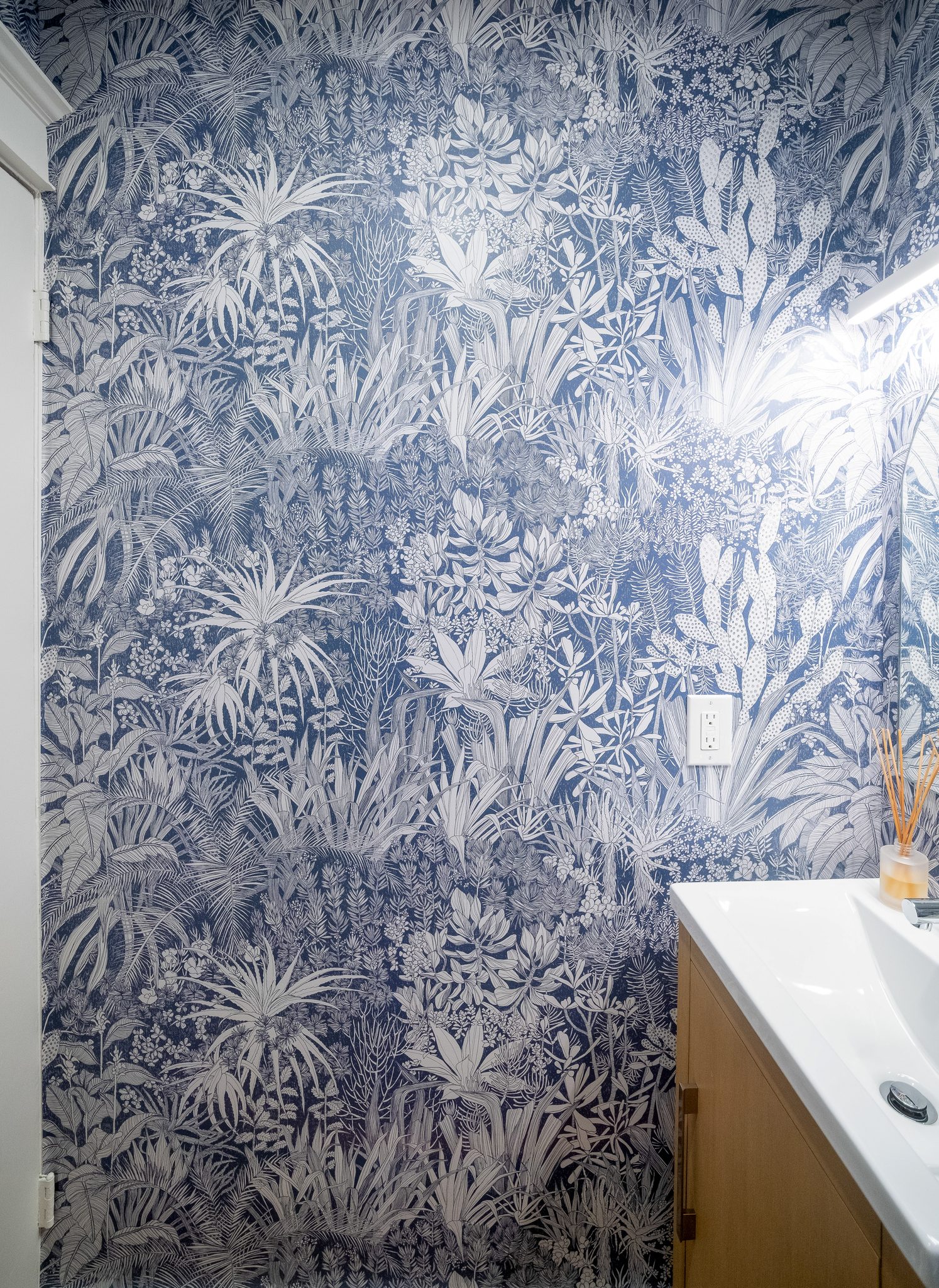 Bathroom with botanical feature wallpaper, High Park renovation, Toronto